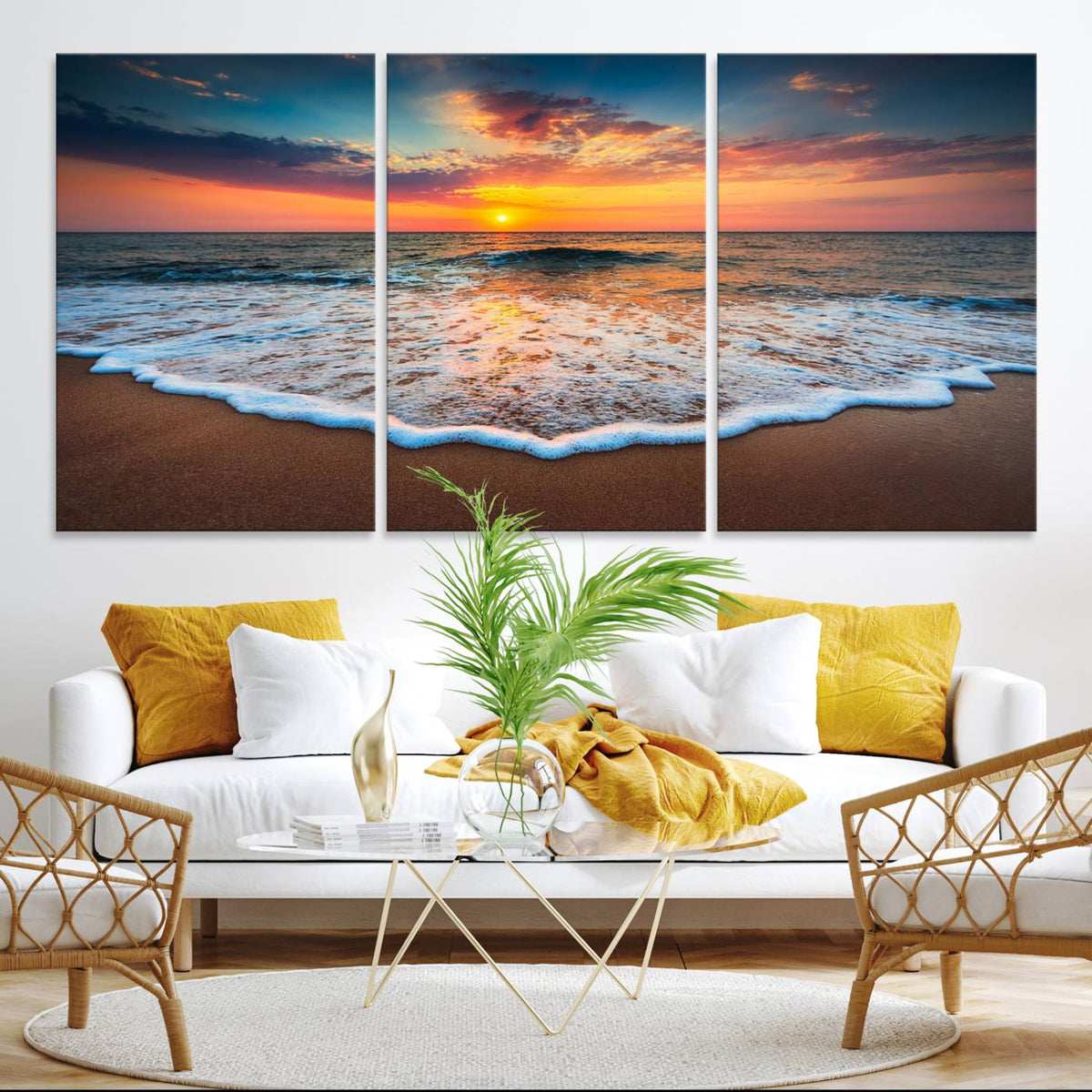 Sunset with Calm Waves on the Beach Wall Art Canvas Print