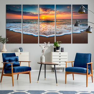 Sunset with Calm Waves on the Beach Wall Art Canvas Print