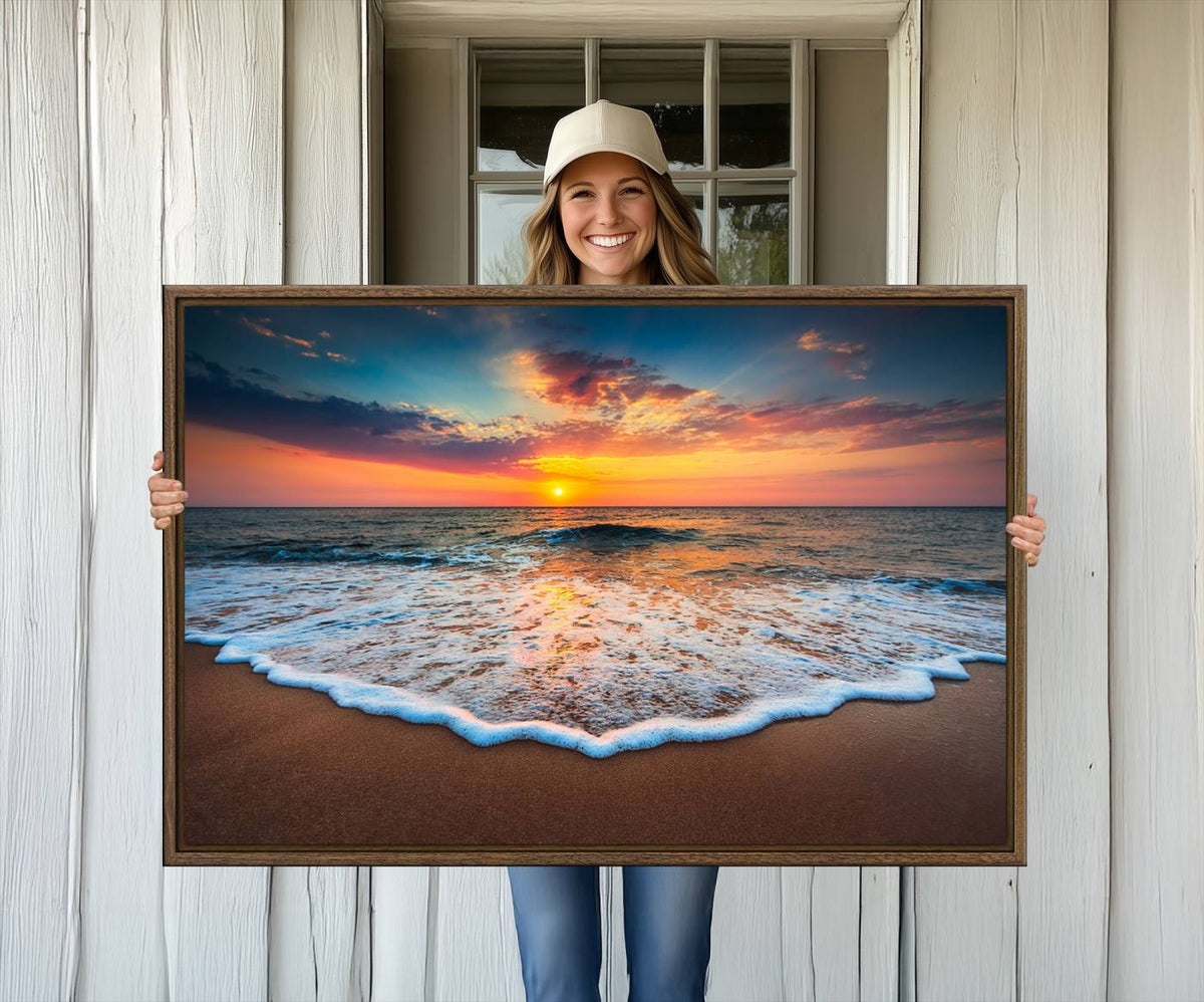 Sunset with Calm Waves on the Beach Wall Art Canvas Print