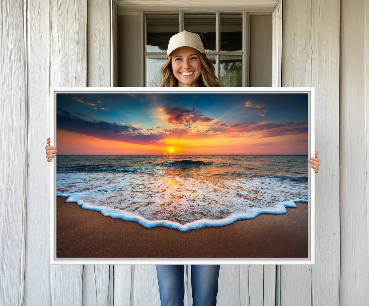Sunset with Calm Waves on the Beach Wall Art Canvas Print