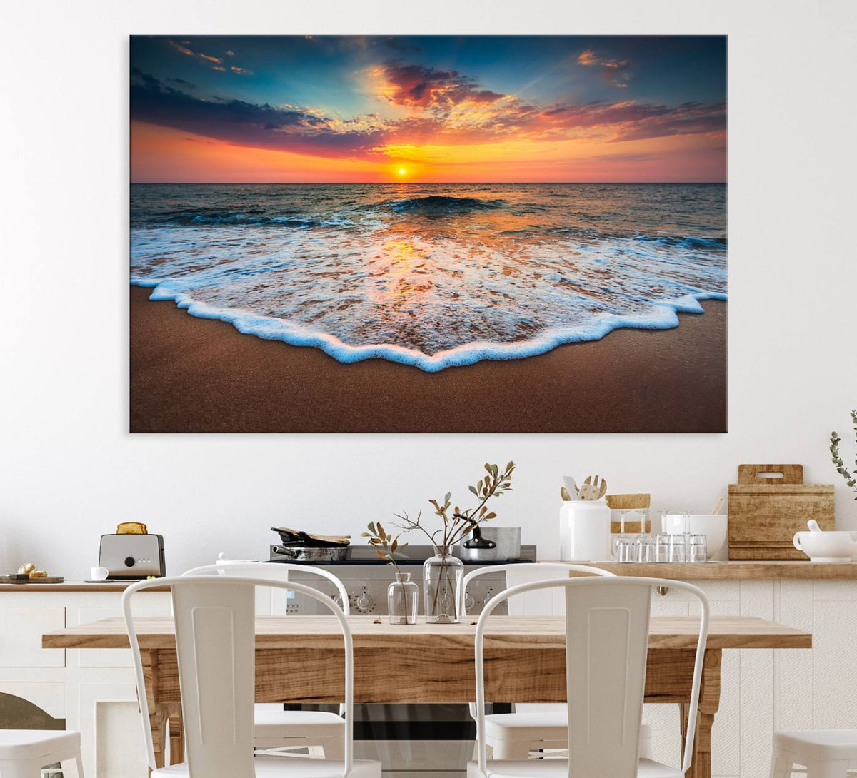 Sunset with Calm Waves on the Beach Wall Art Canvas Print