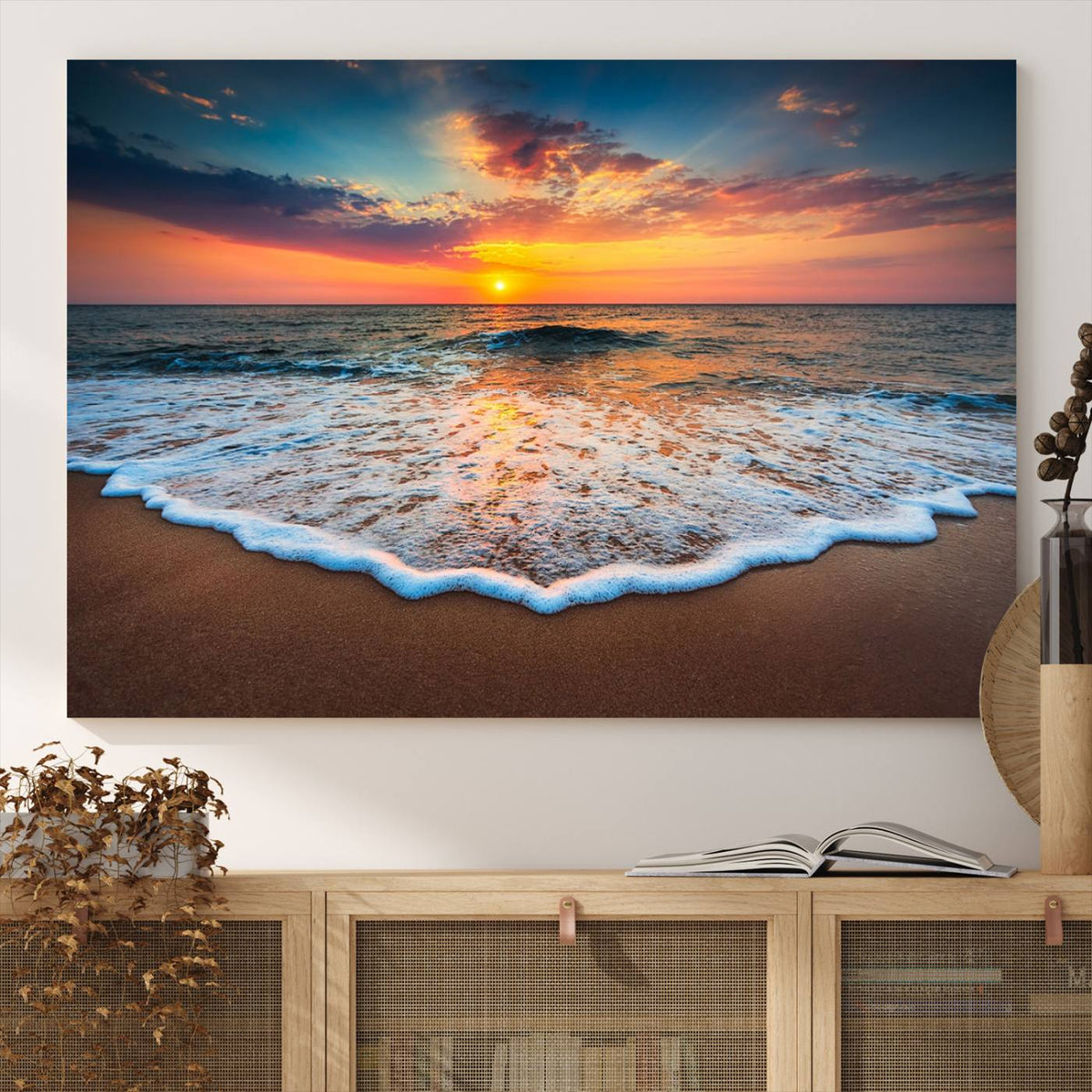 Sunset with Calm Waves on the Beach Wall Art Canvas Print