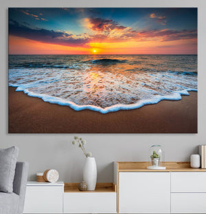 Sunset with Calm Waves on the Beach Wall Art Canvas Print