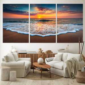Sunset with Calm Waves on the Beach Wall Art Canvas Print