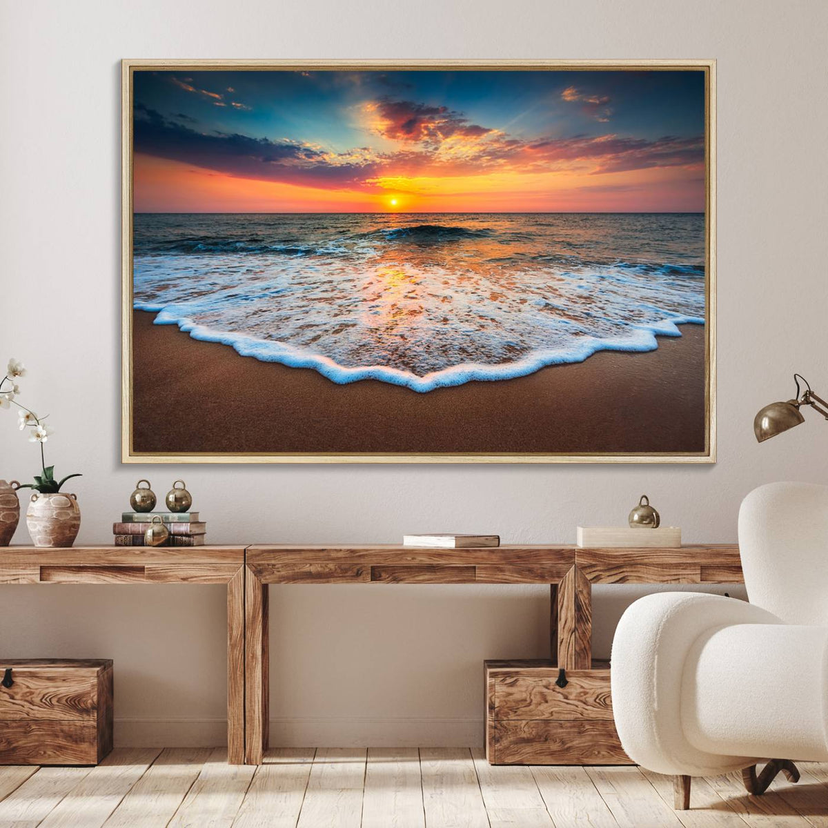Sunset with Calm Waves on the Beach Wall Art Canvas Print