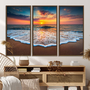 Sunset with Calm Waves on the Beach Wall Art Canvas Print