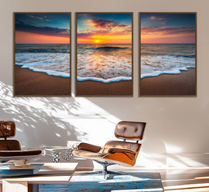 Sunset with Calm Waves on the Beach Wall Art Canvas Print