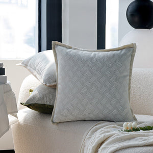 18"x18" square throw pillow set | herringbone trio | neutral white & olive green accents | 3-piece collection + insert options