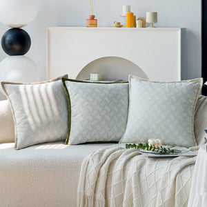 18"x18" square throw pillow set | herringbone trio | neutral white & olive green accents | 3-piece collection + insert options