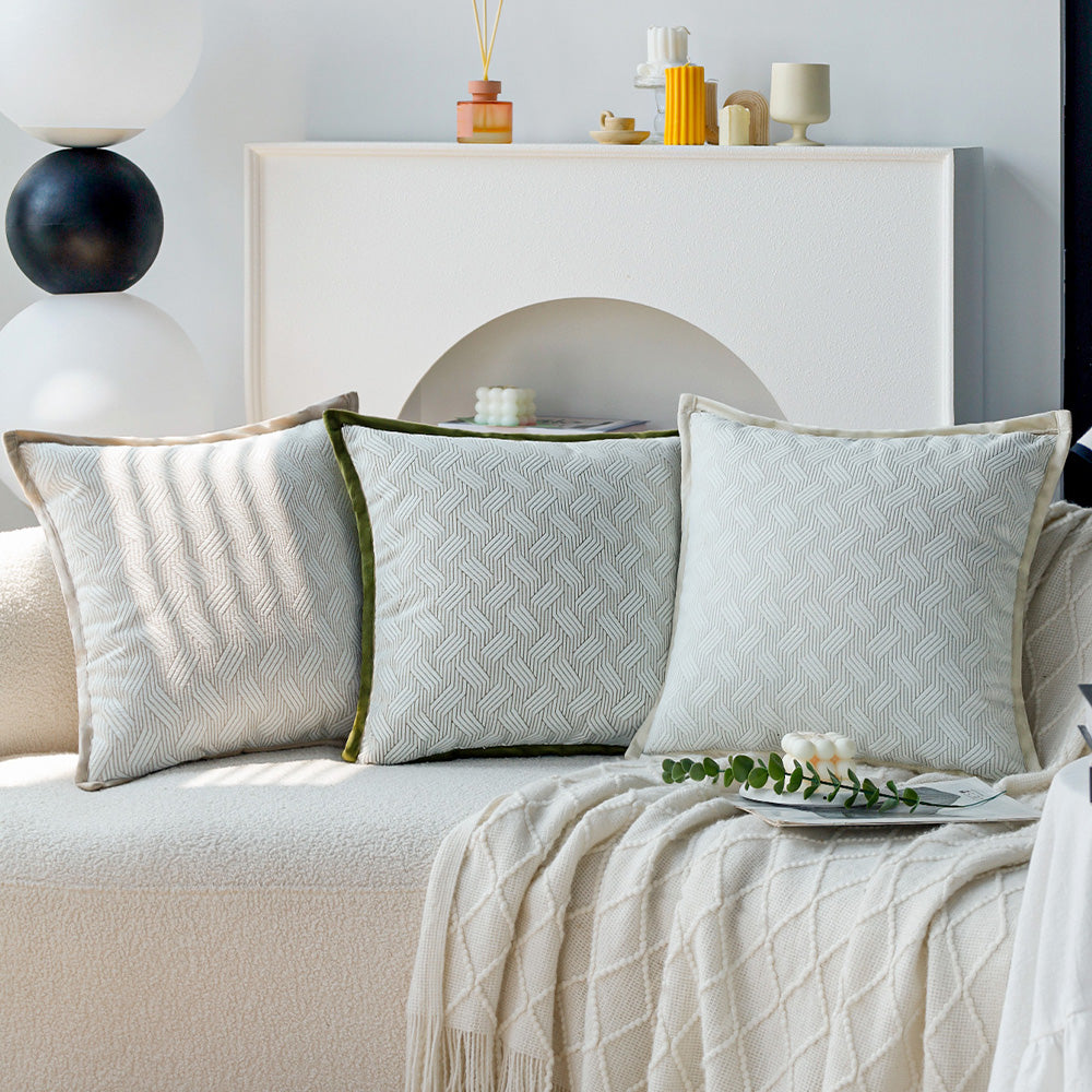 Set of 3 18"x18" square throw pillow herringbone trio neutral white & olive green accents | 3-piece collection