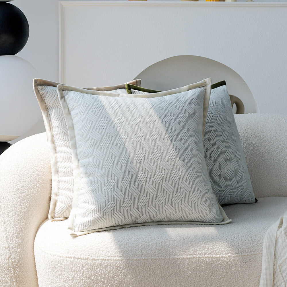 Set of 3 18"x18" square throw pillow herringbone trio neutral white & olive green accents | 3-piece collection