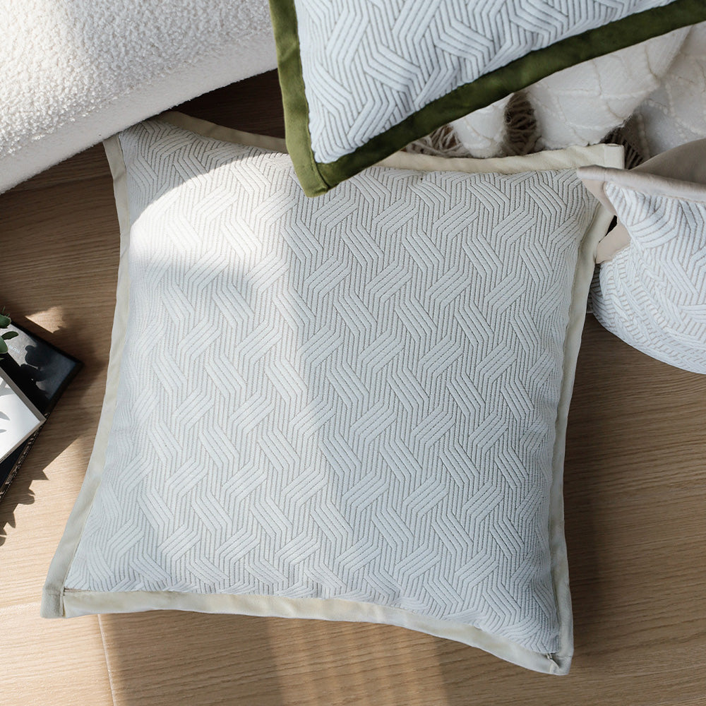 Set of 3 18"x18" square throw pillow herringbone trio neutral white & olive green accents | 3-piece collection