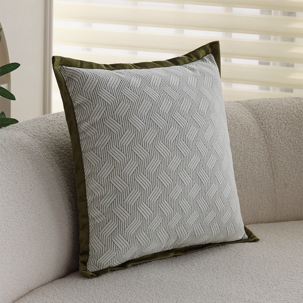 Set of 3 18"x18" square throw pillow herringbone trio neutral white & olive green accents | 3-piece collection