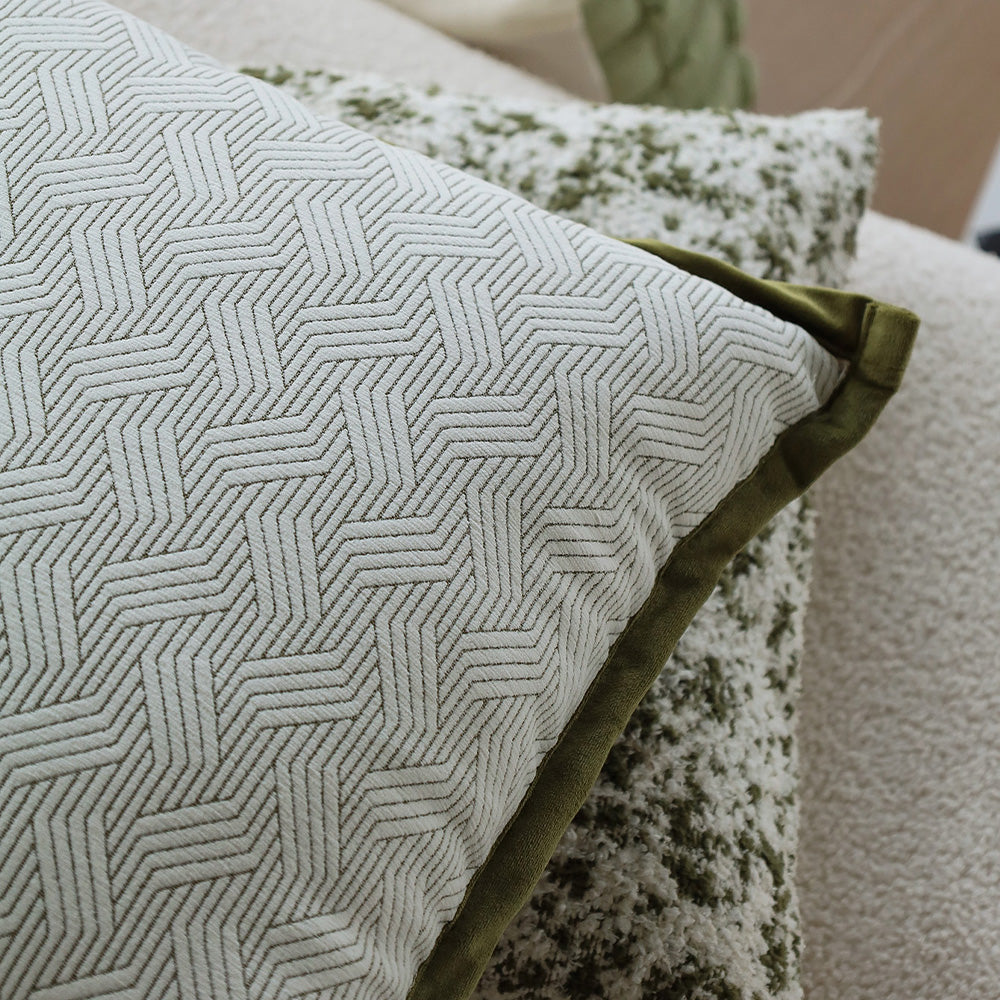 Set of 3 18"x18" square throw pillow herringbone trio neutral white & olive green accents | 3-piece collection