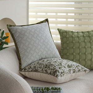 Set of 3 18"x18" square throw pillow herringbone trio neutral white & olive green accents | 3-piece collection