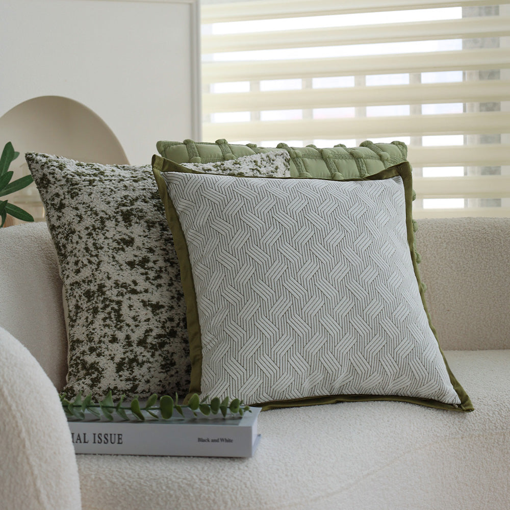 Set of 3 18"x18" square throw pillow herringbone trio neutral white & olive green accents | 3-piece collection