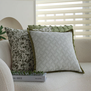 Set of 3 18"x18" square throw pillow herringbone trio neutral white & olive green accents | 3-piece collection