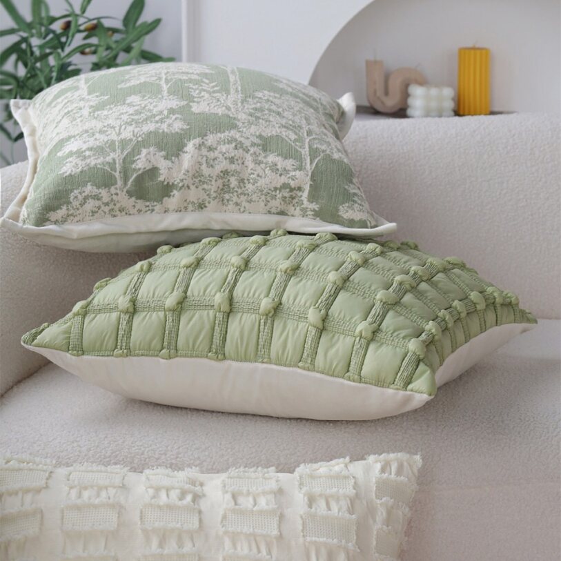 Set of 2 With Inserts Textured Serenity Collection - Modern Plush Throw Pillows in Sage Green and Ivory with Tufted, Striped, and Quilted Patterns