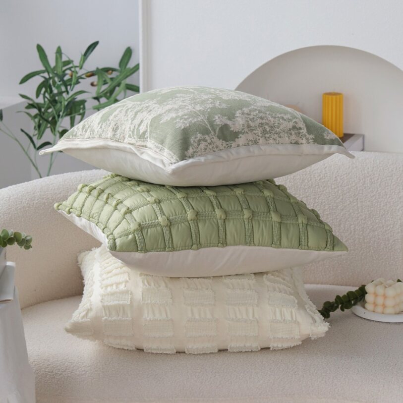 Set of 2 With Inserts Textured Serenity Collection - Modern Plush Throw Pillows in Sage Green and Ivory with Tufted, Striped, and Quilted Patterns