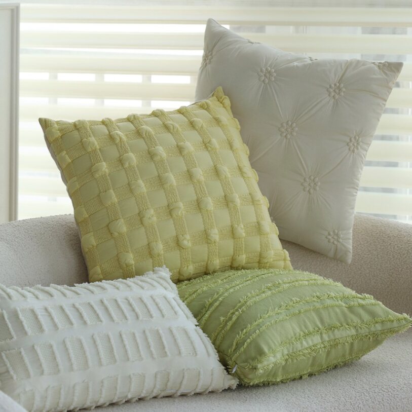Set of 2 With Inserts Textured Serenity Collection - Modern Plush Throw Pillows in Sage Green and Ivory with Tufted, Striped, and Quilted Patterns