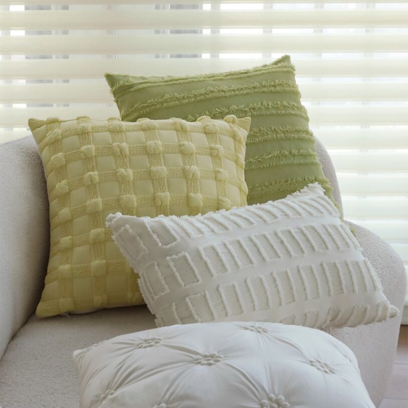 Set of 2 With Inserts Textured Serenity Collection - Modern Plush Throw Pillows in Sage Green and Ivory with Tufted, Striped, and Quilted Patterns