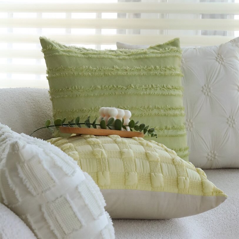 Set of 2 With Inserts Textured Serenity Collection - Modern Plush Throw Pillows in Sage Green and Ivory with Tufted, Striped, and Quilted Patterns