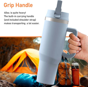 40 oz Tumbler Cup with Handle and Carrier Bag, 24-Hour Insulated Water Bottle with Straw Lid, Neoprene Carrying Sleeve and Hand Strap