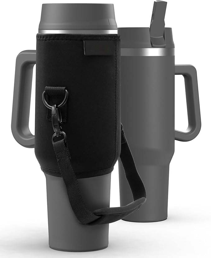 40 oz Tumbler Cup with Handle and Carrier Bag, 24-Hour Insulated Water Bottle with Straw Lid, Neoprene Carrying Sleeve and Hand Strap