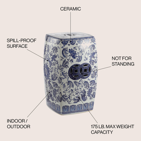 Floral chinoiserie ceramice square garden stool