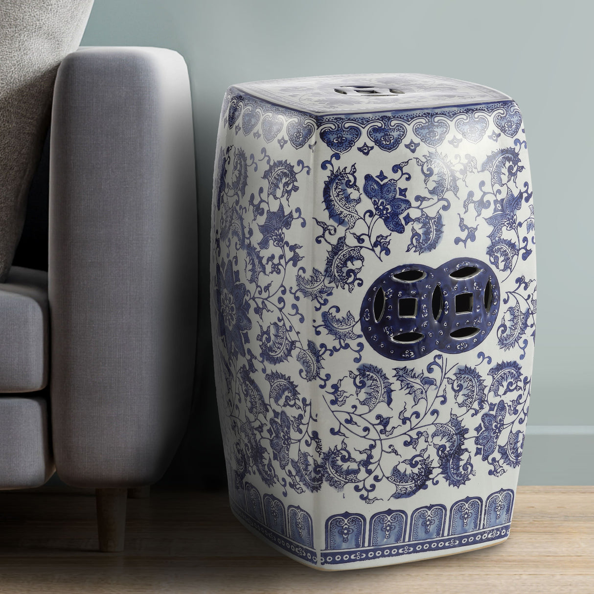 Floral chinoiserie ceramice square garden stool