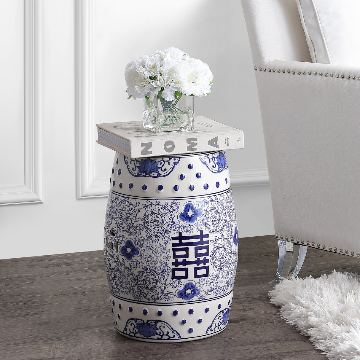 Double-chinoiserie-ceramic-drum-garden-stool-elegant-Outdoor-Tables