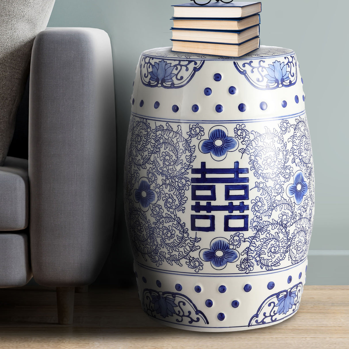 Double chinoiserie ceramic drum garden stool elegant