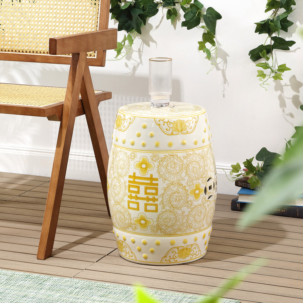 Double chinoiserie ceramic drum garden stool