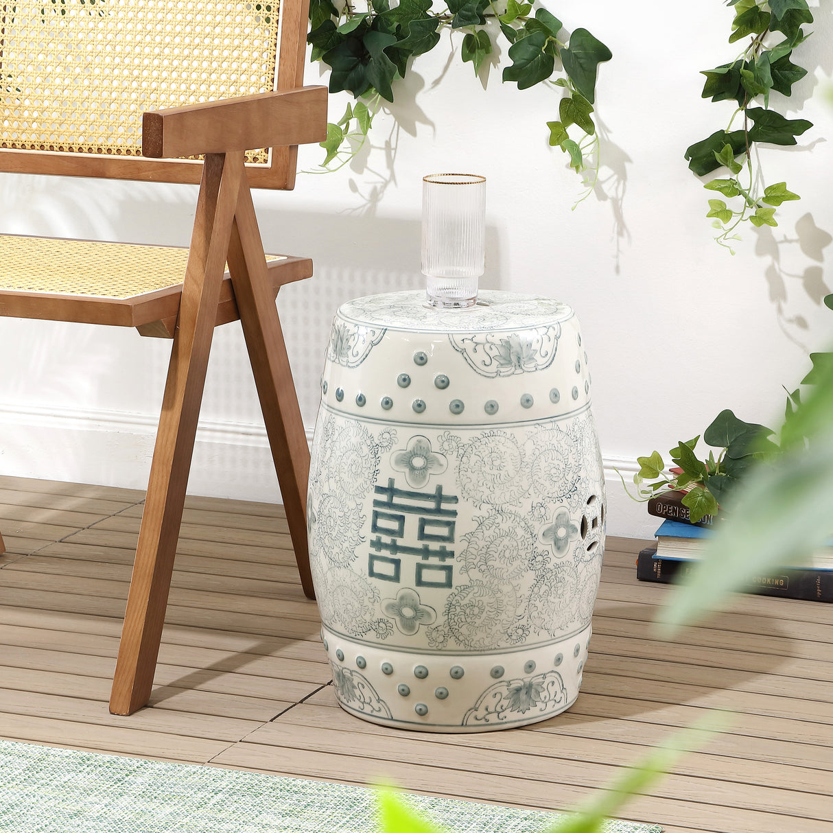 Double chinoiserie ceramic drum garden stool