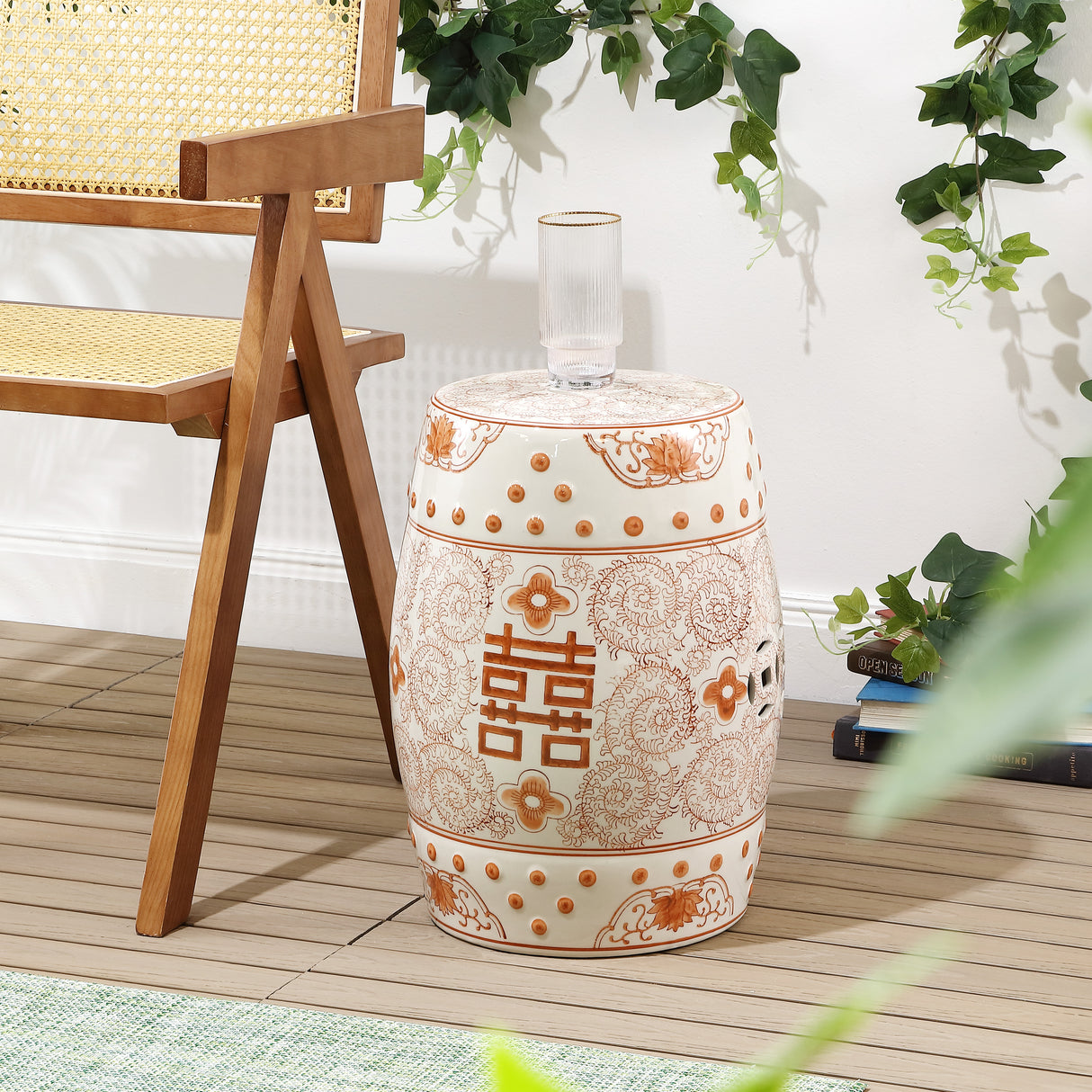 Double chinoiserie ceramic drum garden stool