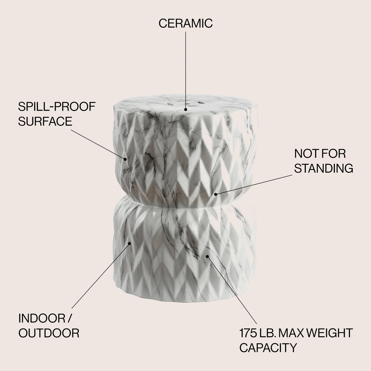 Chevron white marble finish ceramic garden stool