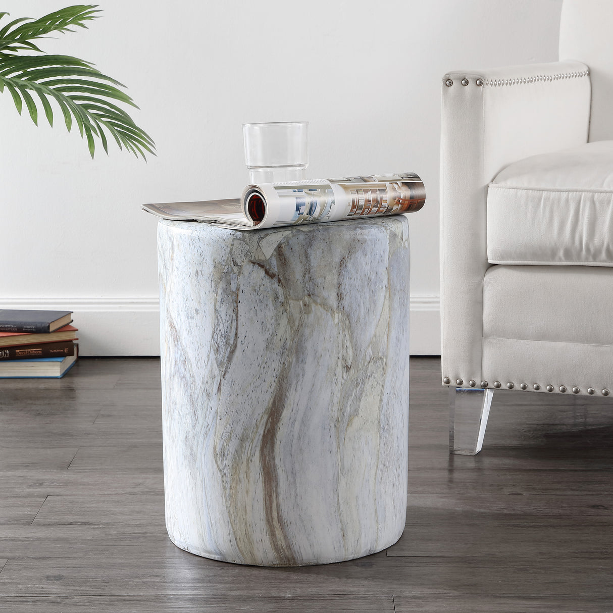 Troy modern minimalist faux marble column indoor/outdoor accent table