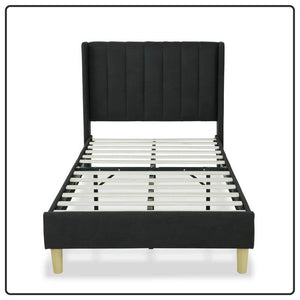 Twin size Mid-Century Black Linen Platform Bed Frame with Upholstered Headboard