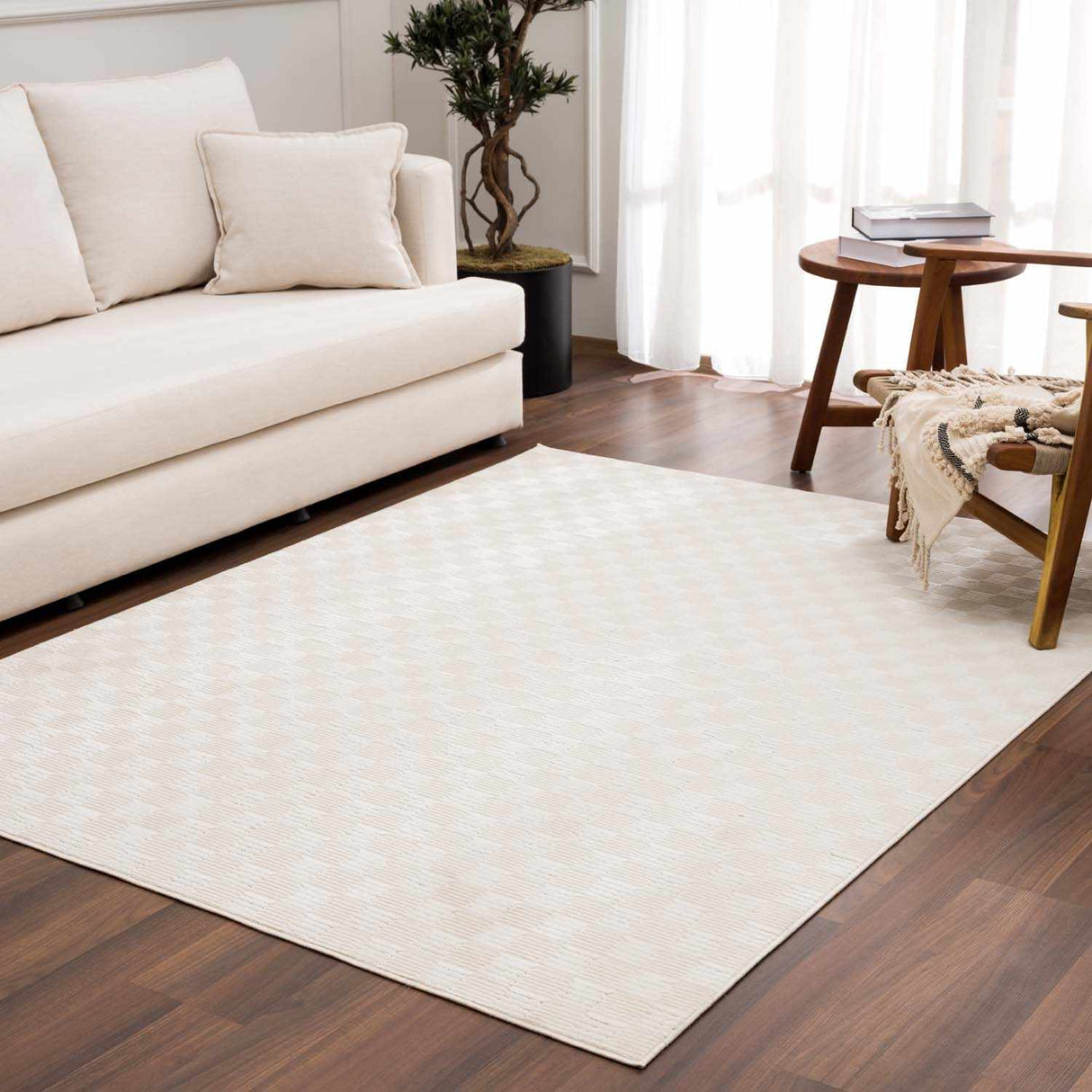 Truls 3D Checkered Washable Rug - Bone