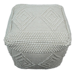 Modern Geometrical Pattern White Hand Woven Wool Pouf