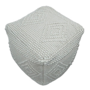 Modern Geometrical Pattern White Hand Woven Wool Pouf
