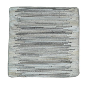 Modern Stripes Pattern Silver and Gray Leather Pouf