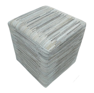 Modern Stripes Pattern Silver and Gray Leather Pouf