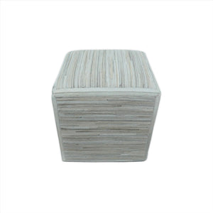 Modern Stripes Pattern Ivory And Silver Handmade Leather Pouf
