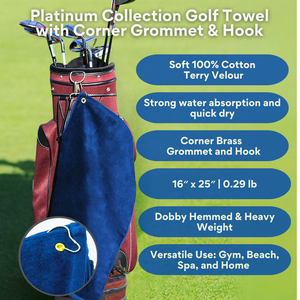 Platinum Velour Golf Towel Corner Grommet & Hook Pack of 3