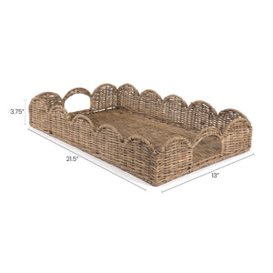 Scalloped Southwestern Cottage Hand-Woven Rattan Tray with Handles