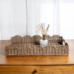 Scalloped Southwestern Cottage Hand-Woven Rattan Tray with Handles