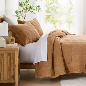 Full/Queen Size 3-Piece Taupe Brown Sienna Faded Stone Washed Cotton Quilt Set