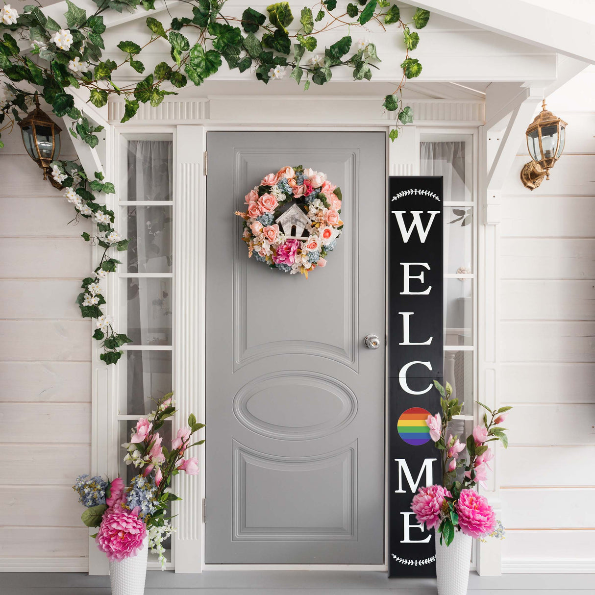 72in Outdoor Rainbow Modern Farmhouse Welcome Sign | Black Front Door Decor | LGBT Celebration Decor