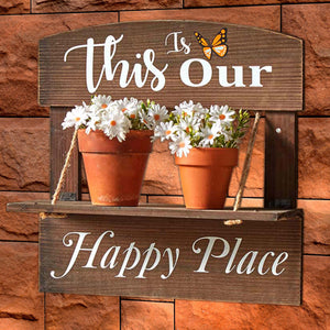 “This is Our Happy Place” Wall Decor | Wooden Wall Art with Open Shelf for Plant Display | Closed Shelf for Wall Decor | Rustic Home Decoration